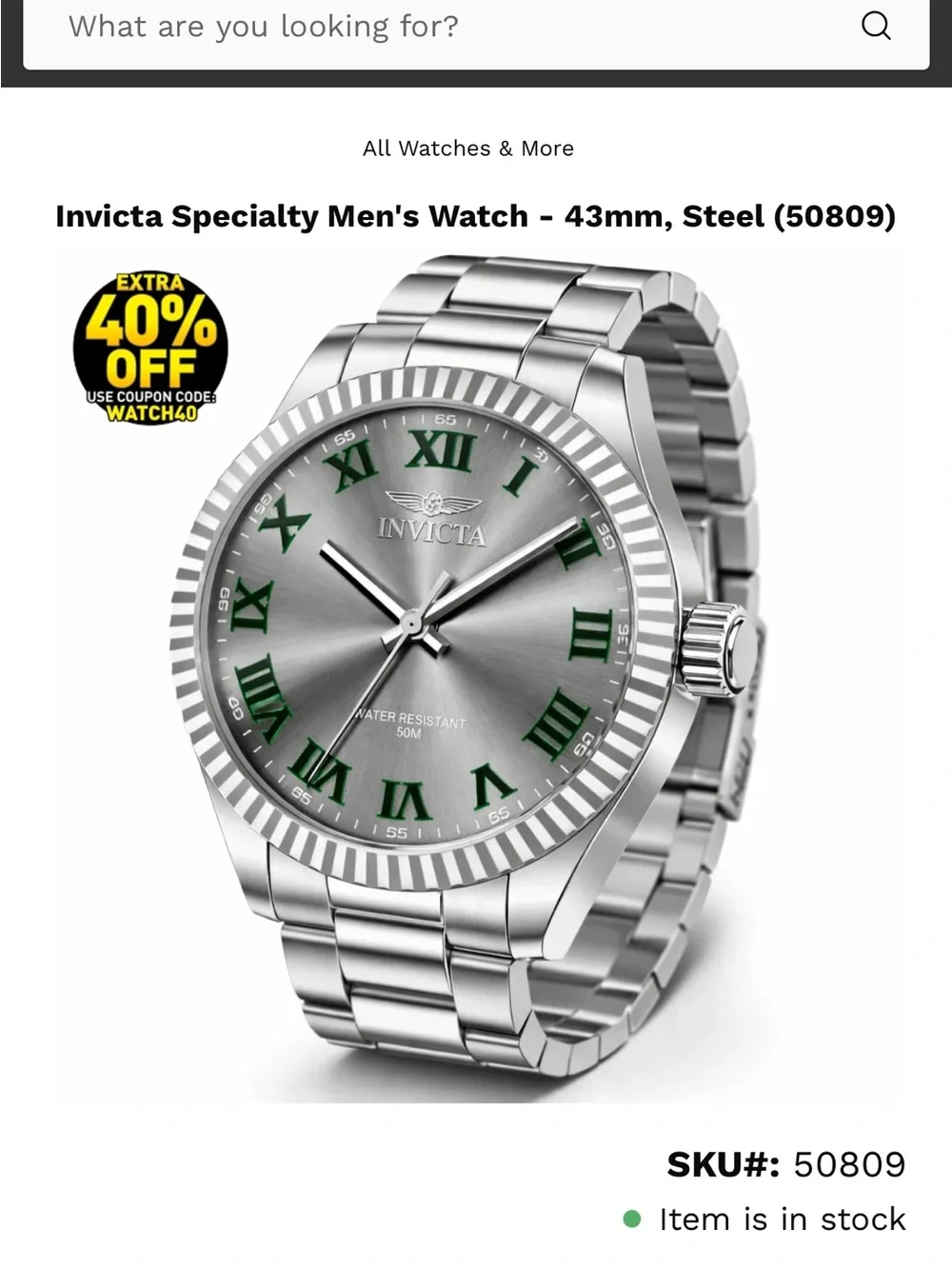 Invicta Specialty Men’s Watch 43mm Silver Dial Roman Numerals Stainless Steel